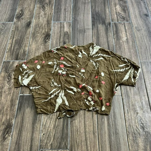 express green button tie front floral Hawaiian size small - Picture 2 of 5